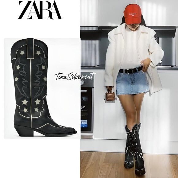 BLOGGER'S FAVE! Zara Star Leather Cowboy Boots NWT - Picture 10 of 17